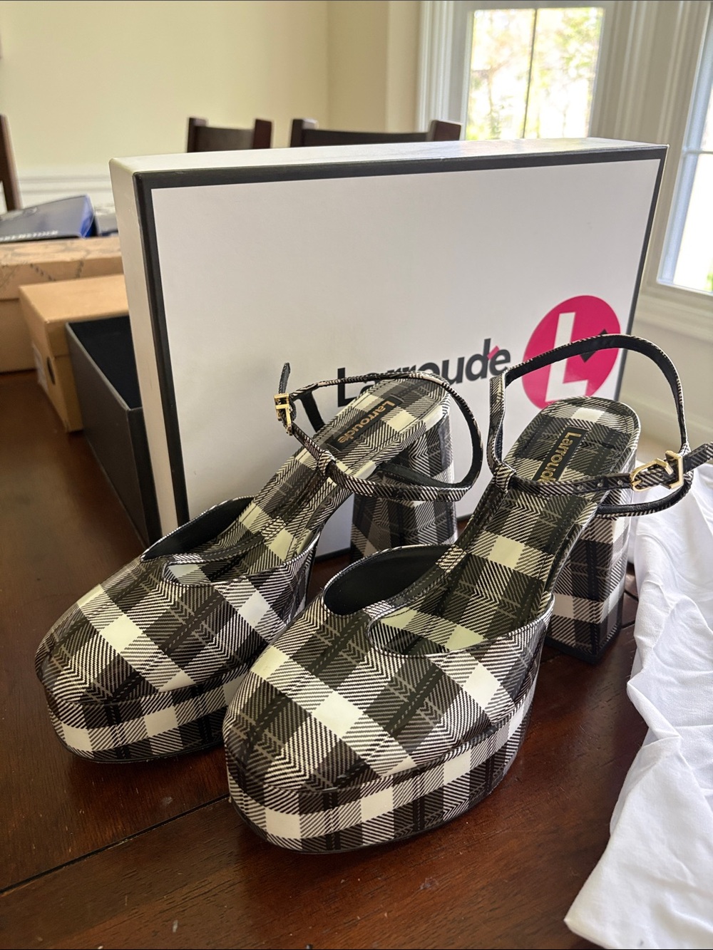 Larroude Black and White Plaid Platform Mary Jane Heels